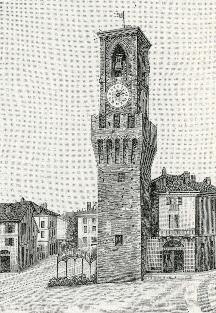 Stradella_torre_con_campanile_in_piazza_del_mercato_xilografia_di_Barberis
